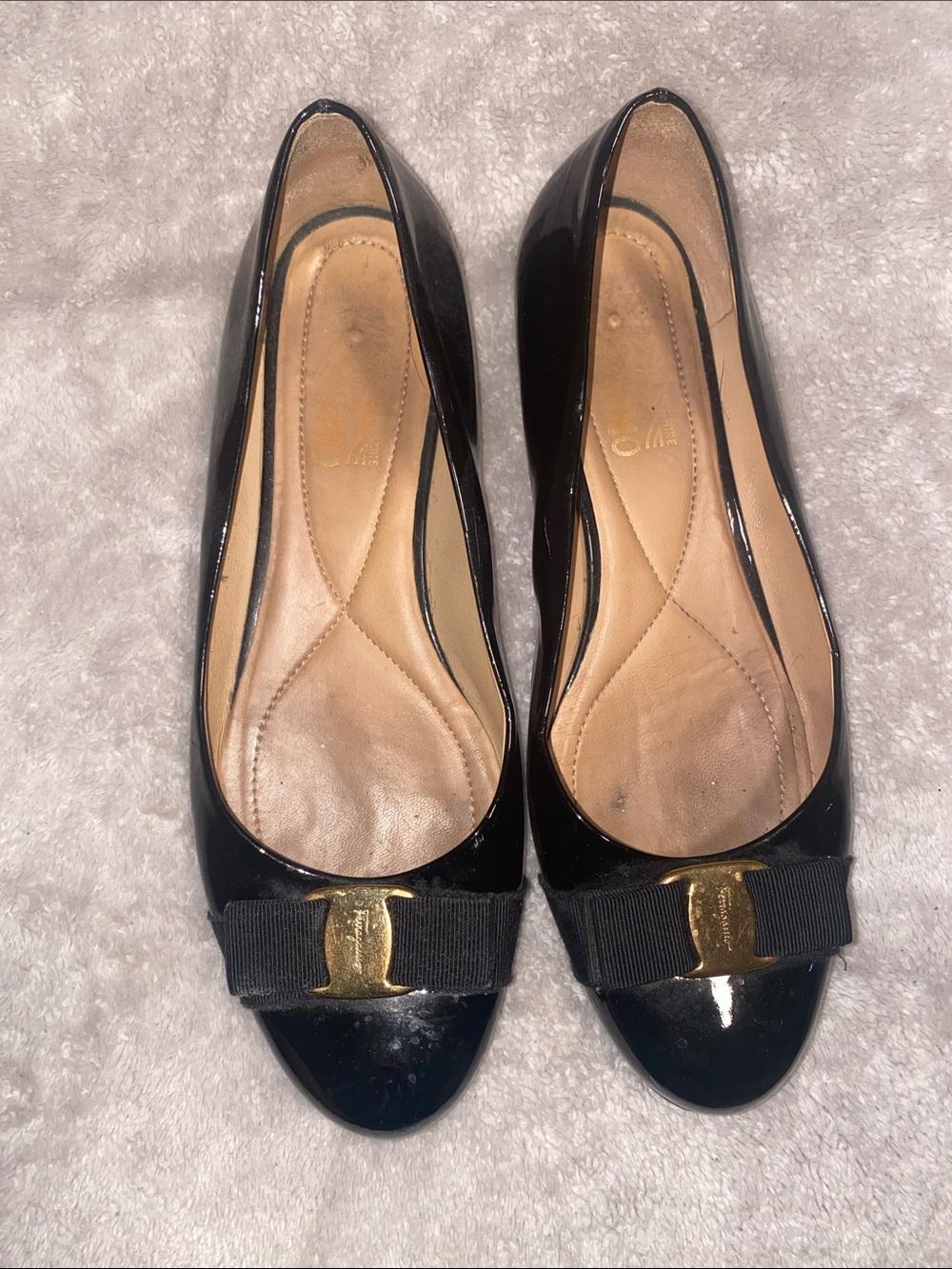 Salvatore Ferragamo Black Patent Bow Flats with Gold Logo